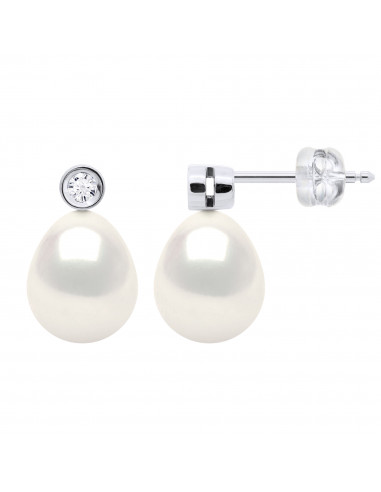 Boucles d'Oreilles PRESTIGE Perles Poires 8-9 mm - Diamants 0.020 Cts - Joaillerie Or 750 - ALMA