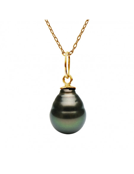 Pendentif Fin Perle de Tahiti Poire 9-10 mm - Chaîne Offerte - Or 375 - FENUA