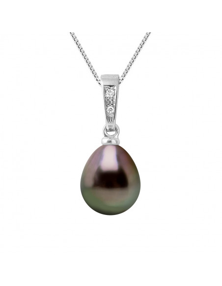 Pendentif PRESTIGE Perle de TAHITI Poire 8-9 mm - Diamants 0.010 Cts - Chaîne Offerte - Or 375 - FAKARAVA