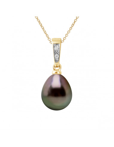 Pendentif PRESTIGE Perle de TAHITI Poire 8-9 mm - Diamants 0.010 Cts - Chaîne Offerte - Or 375 - FAKARAVA