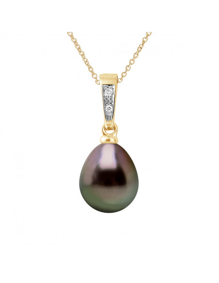 Pendentif PRESTIGE Perle de TAHITI Poire 8-9 mm - Diamants 0.010 Cts - Chaîne Offerte - Or 375 - FAKARAVA