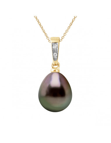 Pendentif PRESTIGE Perle de Tahiti Poire 9-10 mm - Diamants 0.010 Cts - Chaîne Offerte - Or 375 - TIKEHAU