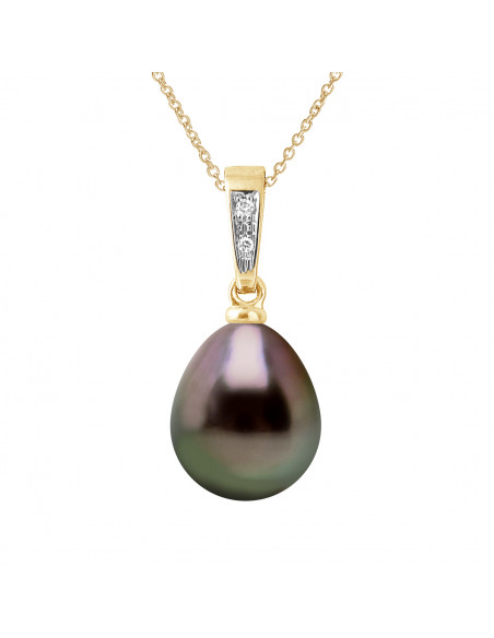 Prestige pendant Tahiti pear pear 9-10 mm - Diamonds 0.010 CTS - Chain Offered - Gold 375 - Tikehau