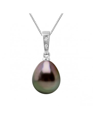 Pendentif PRESTIGE Perle de Tahiti Poire 9-10 mm - Diamants 0.010 Cts - Chaîne Offerte - Or 375 - TIKEHAU