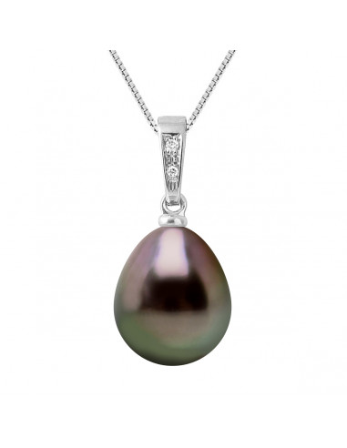 Pendentif Joaillerie Perle de Tahiti Poire 10-11 mm - Diamants 0.010 Cts - Chaîne Offerte - Or 375 - TAHAA