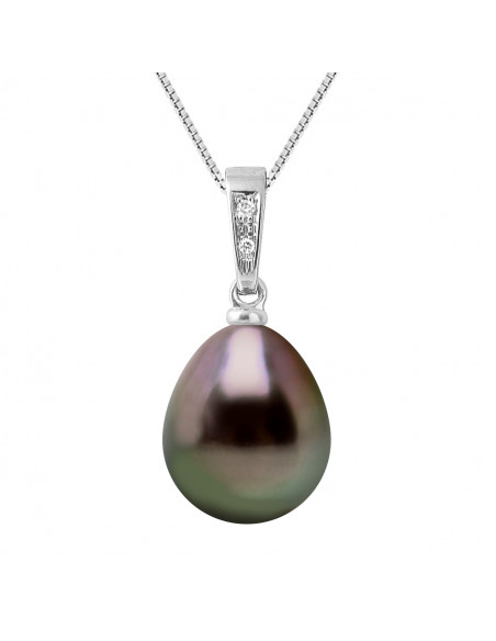 Pendentif Joaillerie Perle de Tahiti Poire 10-11 mm - Diamants 0.010 Cts - Chaîne Offerte - Or 375 - TAHAA