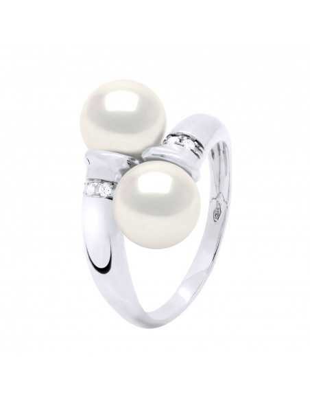Bague Prestige Perles Rondes 8-9 mm - Diamants 0.060 Cts - Joaillerie Or 375 - LEVALLOIS