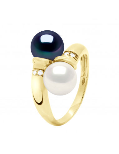 Bague Prestige Perles Rondes 8-9 mm - Diamants 0.060 Cts - Joaillerie Or 375 - LEVALLOIS