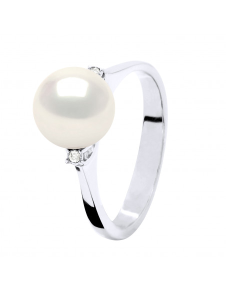 Bague Joaillerie Perle Ronde 8-9 mm - Diamants 0.060 Cts - Or 375 - MARCEAU