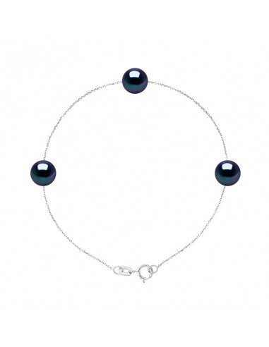 Bracelet Chainage 3 Perles Rondes 7-8 mm - Plusieurs Coloris - Argent 925 - GRIMAUD