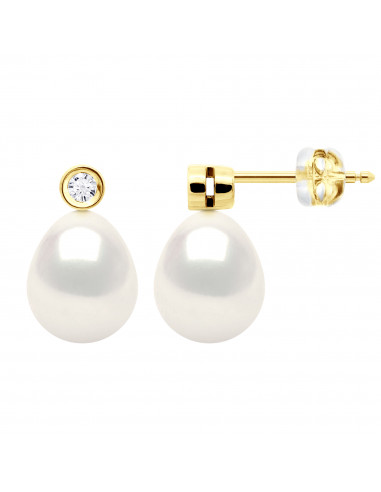 Boucles d'Oreilles PRESTIGE Perles Poires 8-9 mm - Diamants 0.020 Cts - Joaillerie Or 750 - ALMA