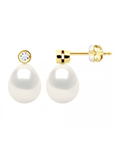 Boucles d'Oreilles PRESTIGE Perles Poires 8-9 mm - Diamants 0.020 Cts - Joaillerie Or 750 - ALMA