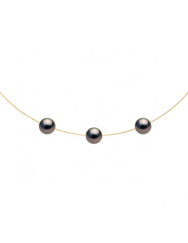Collier 3 Perles de Tahiti Rondes 8-9 mm - Câble Or 375 - TAKARU