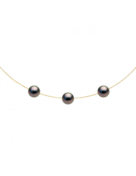 Collier 3 Perles de Tahiti Rondes 8-9 mm - Câble Or 375 - TAKARU
