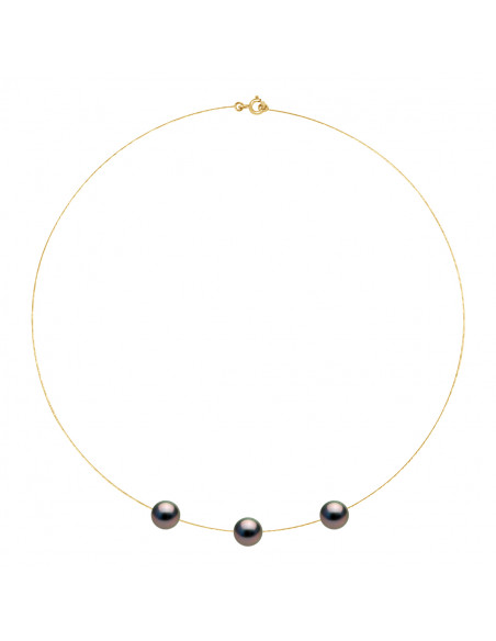 Collier 3 Perles de Tahiti Rondes 8-9 mm - Câble Or 375 - TAKARU