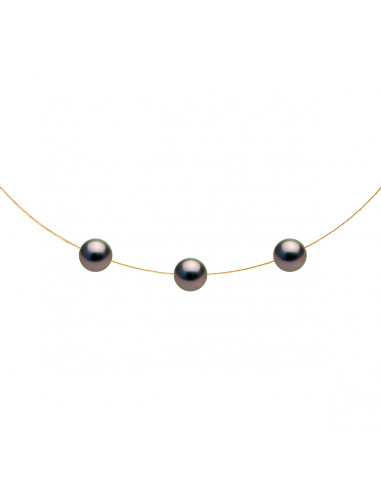 Necklace 3 Round Tahitian Beads 9-10 mm - Gold...