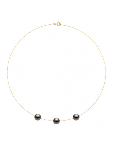 Necklace 3 Round Tahitian Beads 9-10 mm - Gold...