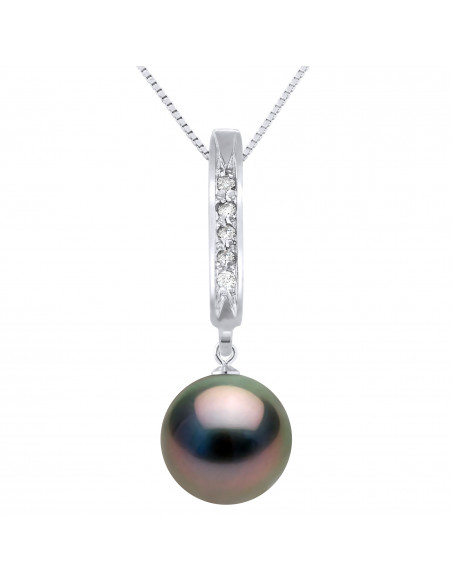 Prestige Necklace Round Tahiti Bead 9-10 mm - Diamonds 0.030 Cts - Gold Jewellery 750 - MANITOA