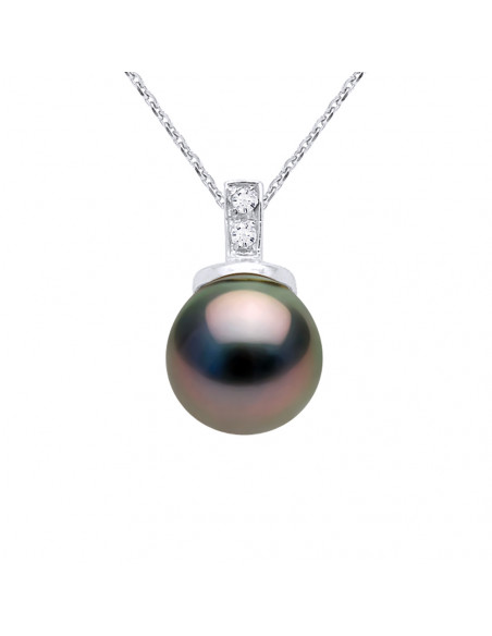 Round Tahitian Pearl Prestige Necklace 9-10 mm - Diamonds 0.020 CTS - Jewelry Gold 375 - Nuapura