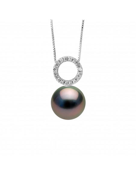 Round Tahitian Pearl Prestige Necklace 9-10 mm - Diamonds 0.080 CTS - Jewelry Gold 375 - Marapiti