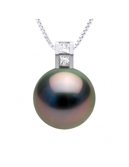 Pendentif Prestige Perle de Tahiti Ronde 11-12 mm - Diamant 0.040 Cts - Joaillerie Or 375 - MARATA