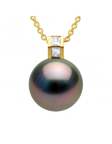Pendentif Prestige Perle de Tahiti Ronde 11-12 mm - Diamant 0.040 Cts - Joaillerie Or 375 - MARATA