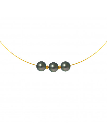 Collier 3 Perles de Tahiti Rondes 8-9 mm - Câble Or 375 - RAMAVARA