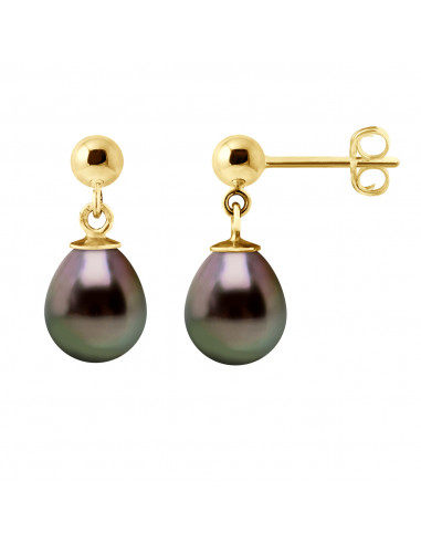 Boucles d'Oreilles Pendantes Perles de Tahiti Poires 8-9 mm - Système Brisures - Or 375 - TIKEHAMA