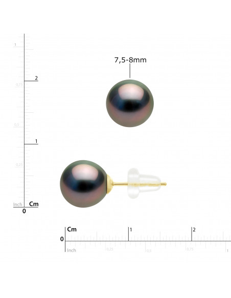 Boucles d'Oreilles Perles de Tahiti Rondes - Tailles de 7 à 10 mm - Système Poussettes SILICONE - Or 375 - TIARE