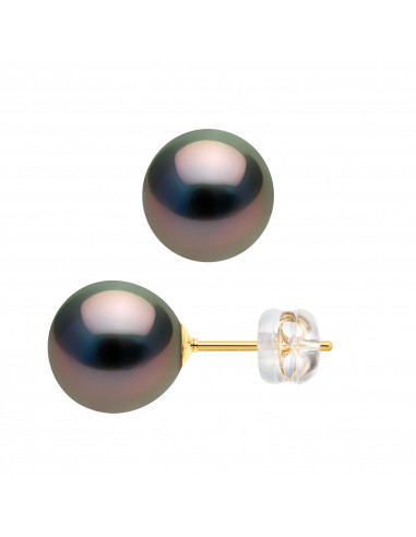 Boucles d'Oreilles Perles de Tahiti Rondes - Tailles de 8 à 10 mm - Système SILICONOR - Or 375 - MANUTANGA