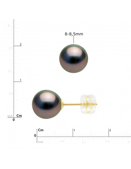Boucles d'Oreilles Perles de Tahiti Rondes - Tailles de 8 à 10 mm - Système SILICONOR - Or 375 - MANUTANGA