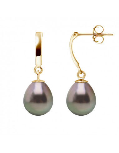 Boucles d'Oreilles Pendantes Perles de TAHITI Poires 8-9 mm - Système Poussettes - Or 375 - KARUMA