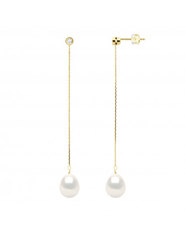 Boucles d'Oreilles Pendantes Perles Poires 8-9 mm - Diamants 0.020 Cts - Joaillerie Or 375 - MONTMORENCY