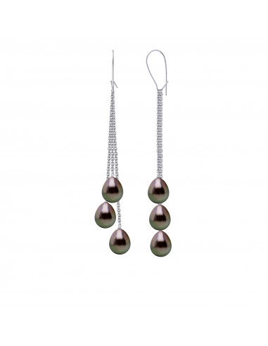 Boucles d'Oreilles Pendantes 6 Perles de Tahiti Poires 8-9 mm - Système Imperdable - Or 375 - POERAVA