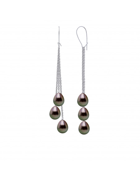 Boucles d'Oreilles Pendantes 6 Perles de Tahiti Poires 8-9 mm - Système Imperdable - Or 375 - POERAVA