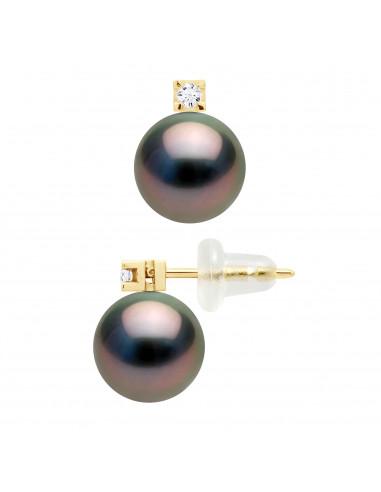 Boucles d'Oreilles Perle de Tahiti Rondes 8-9 mm - Système Poussettes Silicone - Joaillerie Or 750 - RAPANAVO