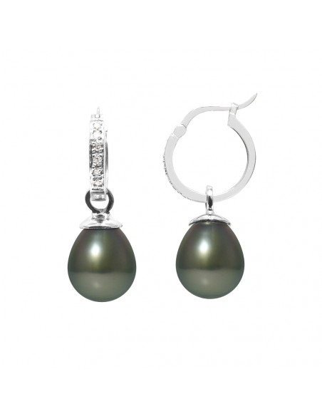 Boucles d'Oreilles Perles de Tahiti Poires 9-10 mm - Diamants 0.06 Cts - Joaillerie Or 750 - TAKAROA