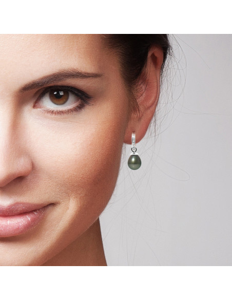 Boucles d'Oreilles Perles de Tahiti Poires 9-10 mm - Diamants 0.06 Cts - Joaillerie Or 750 - TAKAROA