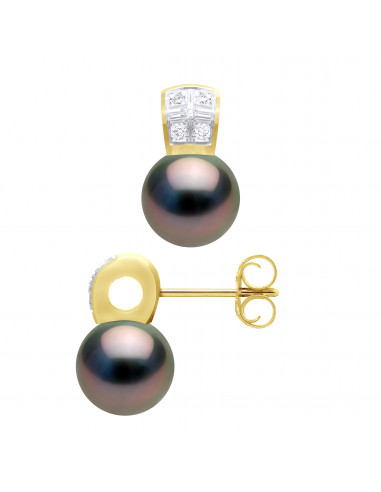 Boucles d'Oreilles Perles de Tahiti Rondes 9-10 mm - Diamants 0.10 Cts - Joailllerie Or 750 - TUBUAÏ