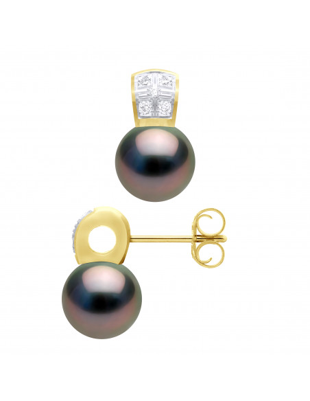 Round Tahitian Beads Earrings 9-10 mm - Diamonds 0.10 CTS - Gold 750 Joaiblery - Tubuai