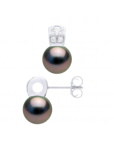 Boucles d'Oreilles Perles de Tahiti Rondes 9-10 mm - Diamants 0.10 Cts - Joailllerie Or 750 - TUBUAÏ