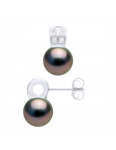 Boucles d'Oreilles Perles de Tahiti Rondes 9-10 mm - Diamants 0.10 Cts - Joailllerie Or 750 - TUBUAÏ