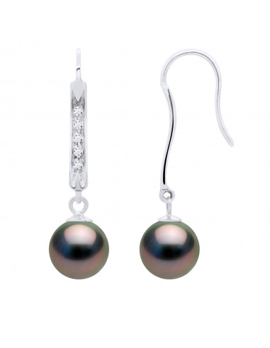 Boucles d'Oreilles Pendantes Perles de Tahiti Rondes 8-9 mm - Diamants 0.10 Cts - Joaillerie Or 375 - TAGINUKA