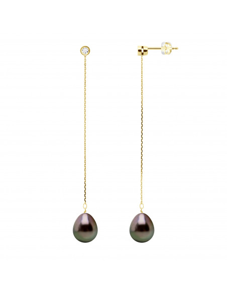 Boucles d'Oreilles Pendantes Perles de Tahiti Poires 9-10 mm - Diamants 0.020 Cts - Joaillerie Or 375 - TAVANA