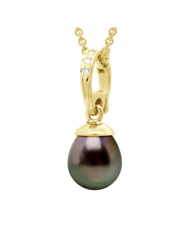 Pendentif Perle de Tahiti Poire 9-10 mm - Diamants 0.020 Cts - Chaîne Offerte - Joaillerie Or 750 - MANITA
