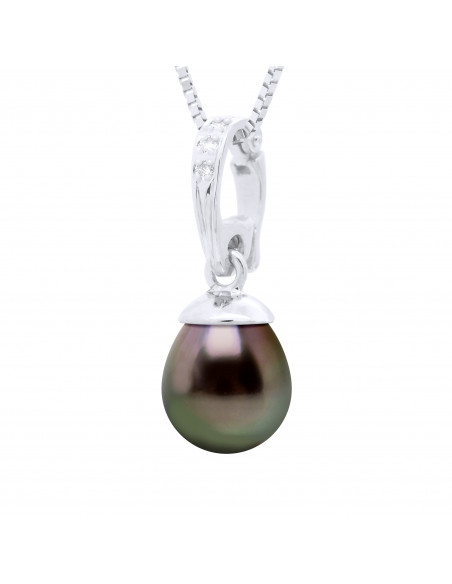 Tahitian Pearl Pear Pear Pear Pear 9-10 mm - Diamonds 0.020 CTS - Chain Offered - Jewelery Gold 750 - Manita