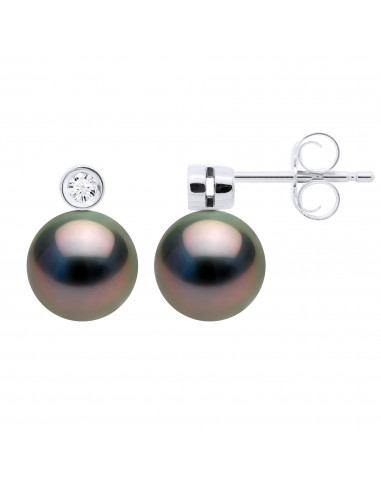 Boucles d'Oreilles Perles de Tahiti Rondes 8-9 mm - Diamants 0.060 Cts - Joaillerie Or 750 - RANGIROA