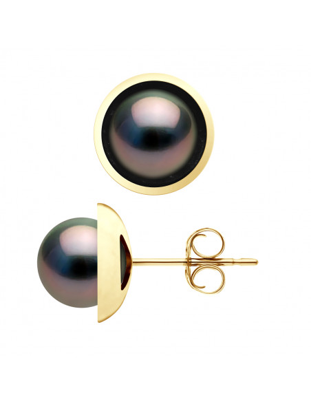 Round Tahitian Beads Earrings 9-10 mm - Smooth Entourage - Gold 375 - Manaraga