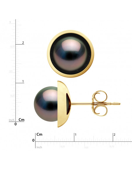 Boucles d'Oreilles Perles de Tahiti Rondes 9-10 mm - Entourage Lisse - Or 375 - MANARAGA