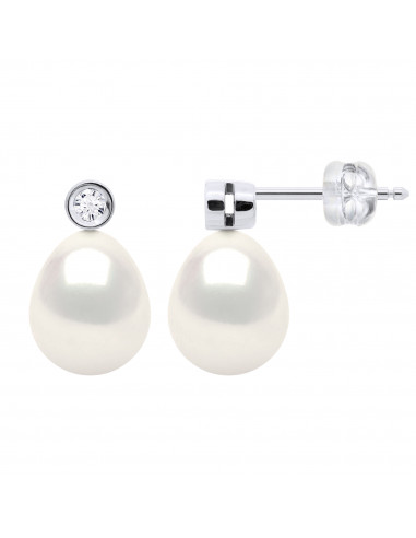 Boucles d'Oreilles Perles Poires 8-9 mm - Diamants 0.020 cts - Joaillerie Or 375 - MONTAIGNE